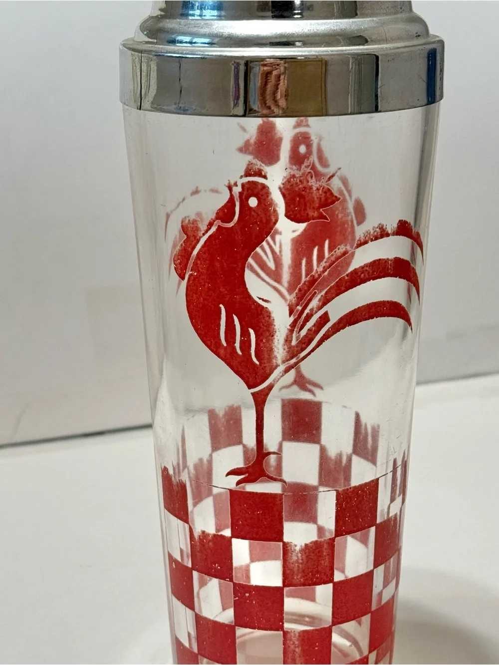 Vintage Drunken Rooster Cocktail Shaker - Red & White Checkered Rooster 10.5” T